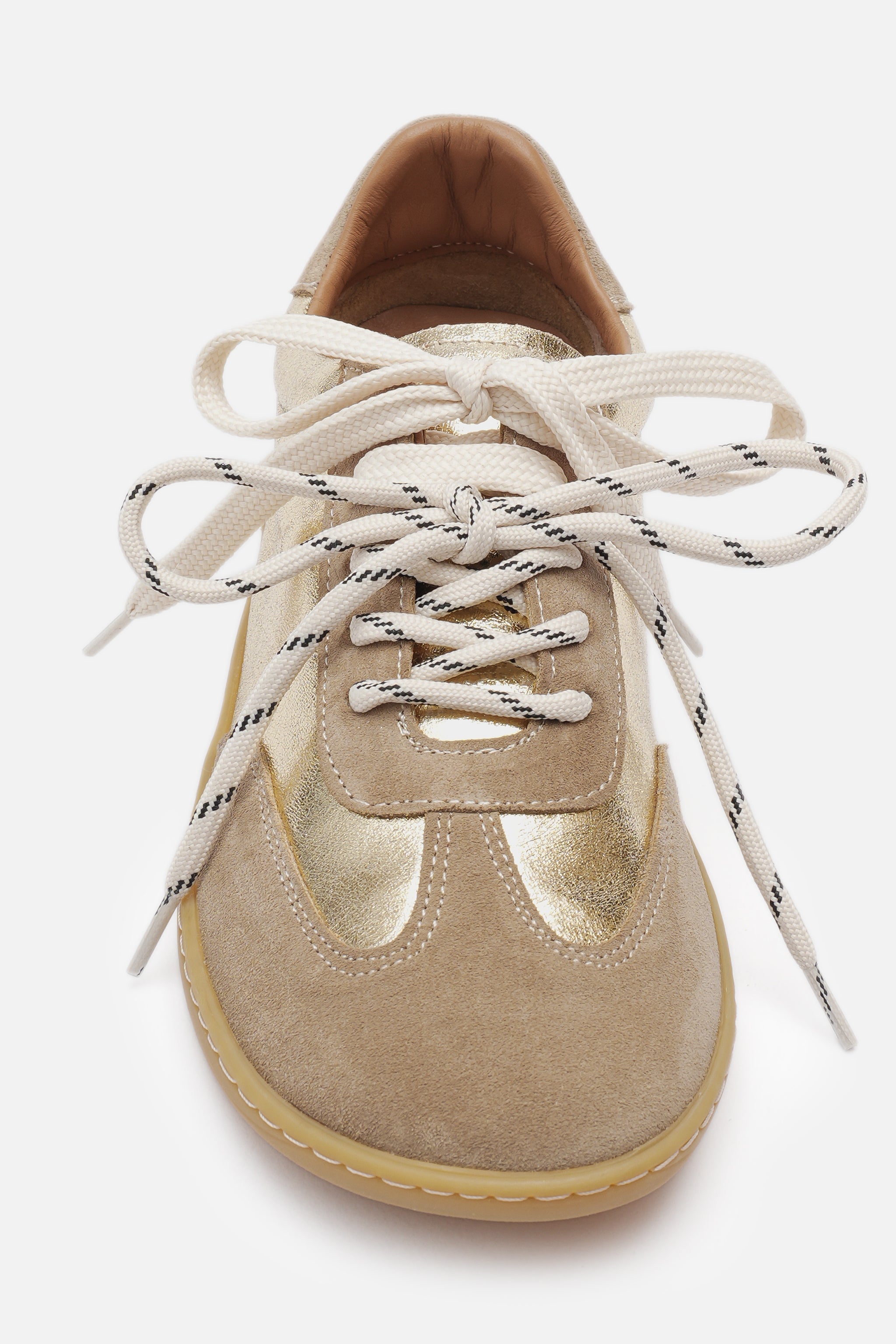 Nobrand Miu Ballerina Barefoot Çift Bağcıklı Hakiki Süet Deri Gold Vizon Sneaker