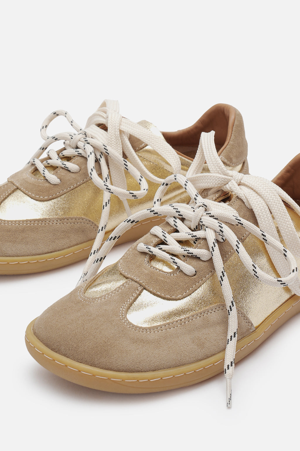 Nobrand Miu Ballerina Barefoot Çift Bağcıklı Hakiki Süet Deri Gold Vizon Sneaker