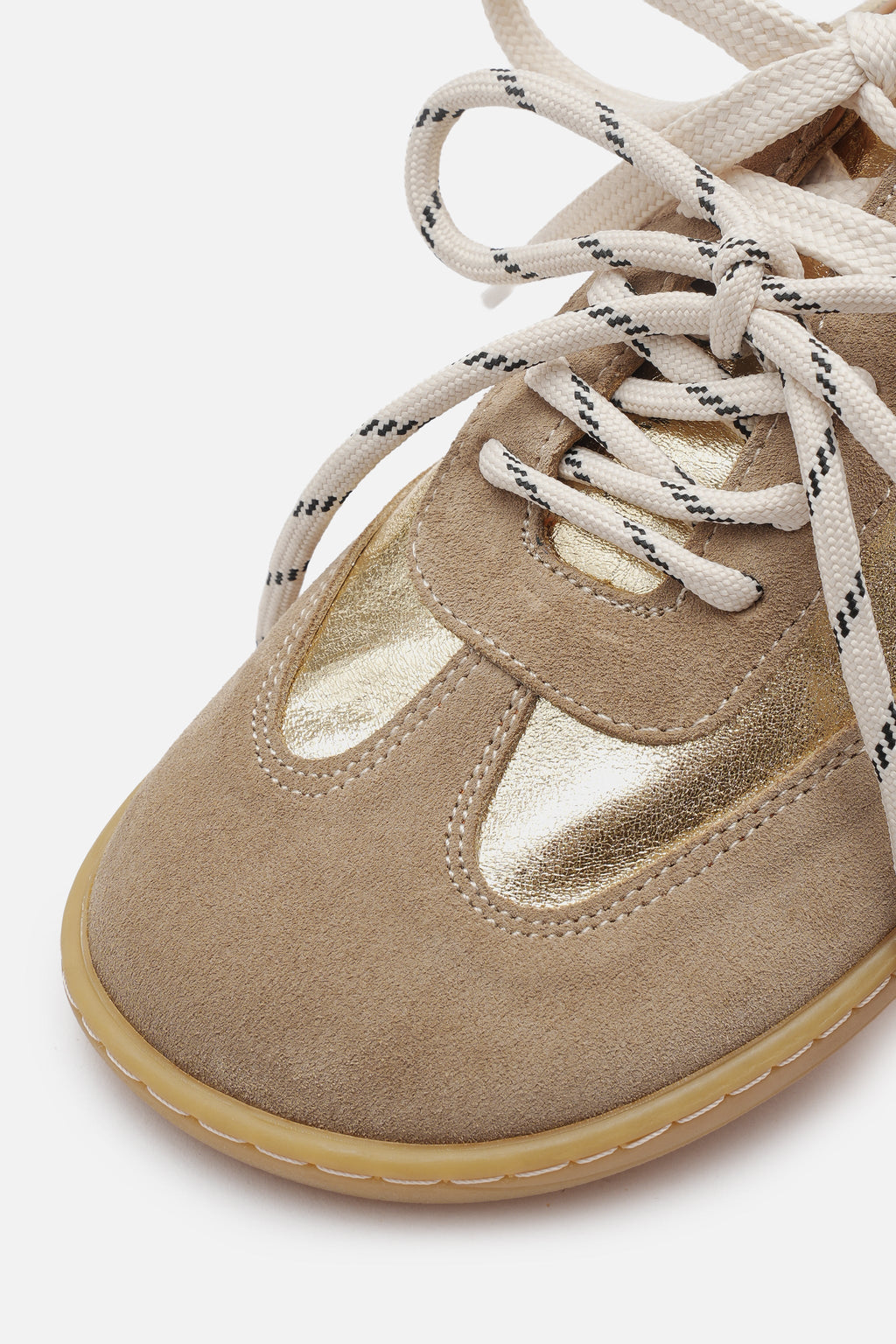 Nobrand Miu Ballerina Barefoot Çift Bağcıklı Hakiki Süet Deri Gold Vizon Sneaker