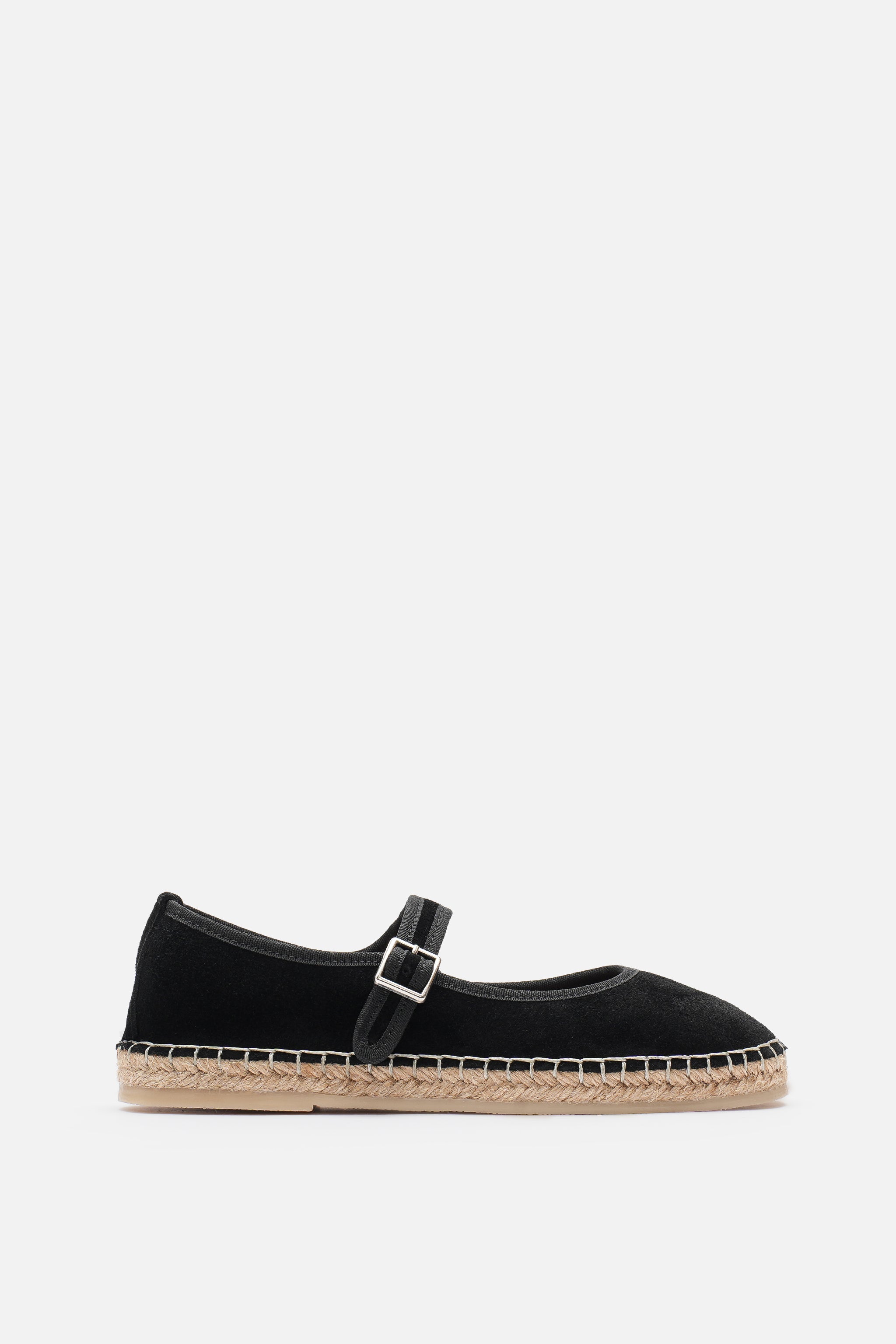 Nobrand Flabelus Mary Jane Hakiki Deri Süet Siyah Espadril